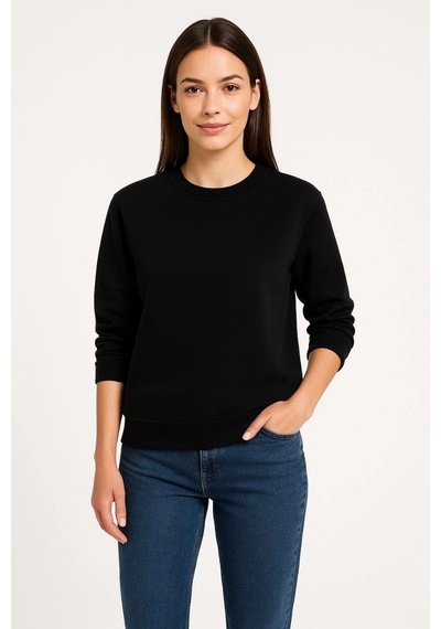 Primemagazam Kadın 3 İplik Pamuklu Düz Bisiklet Yaka Sweatshirt - Siyah Çeşitli