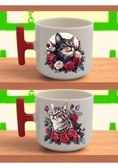 Çiçek İçinde Kedi Baskılı Latte Bardağı - Sevgililer Günü Hediyesi, Doğum Günü Hediyeleri Beyaz