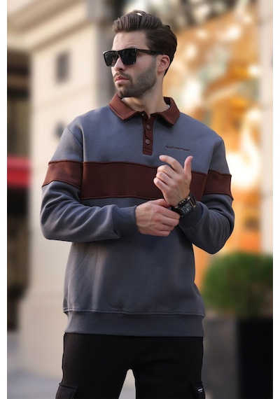 Madmext Füme Polo Yaka Renk Bloklu Erkek Sweatshirt 7072 Füme