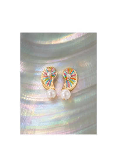 Pearl Collection Renkli Mineli Gold İnci Küpe Altın Altın