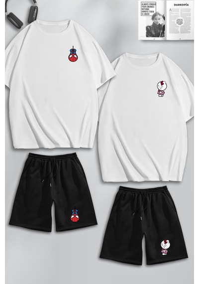 Unisex Kadın Erkek Hello Kitty Spiderman Baskılı Sevgili Çift Kombini Tasarım Oversize Tshirt V Şort Beyaz Siyah Mck0285 Çok Renkli