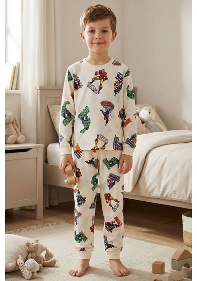 Zuzunga Süper Kahramanlar Desenli  Pamuk Beyaz Erkek Çocuk Pijama Takımı