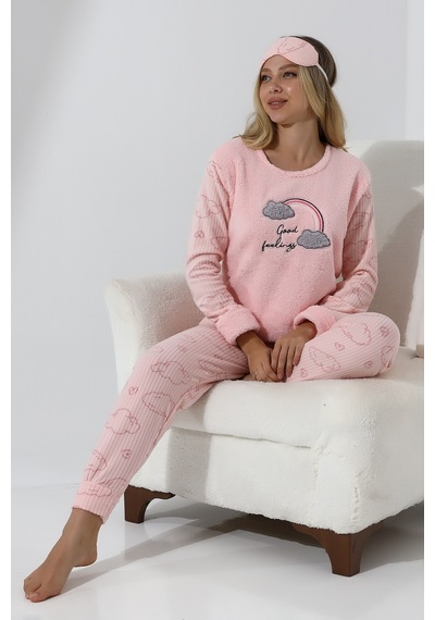 Wordex Fawn 5010 Peluş Welsoft Polar Kışlık Yumoş Kadın Pijama Takımı Pembe