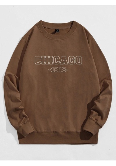 Altamira Unisex Kahverengi Chicago Baskılı Bisiklet Yaka Oversize Sweatshirt 001