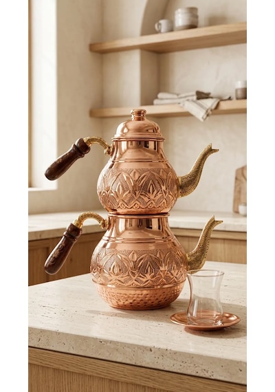 Aura Copper El İşlemeli Bakır Çaydanlık Seti 1 Mm Üst 850-950 Ml Alt 1850-1950 Ml 27 Cm