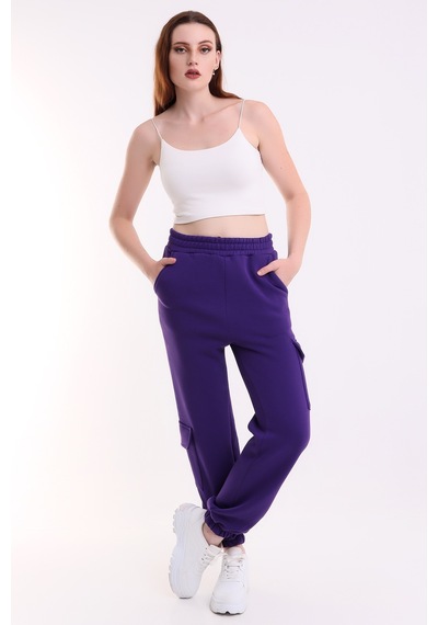 Winmoda34 Kadın Üç İplik İçi Şardonlu Polarlı Eşofman Altı Jogger Rahat Kalıp Mor