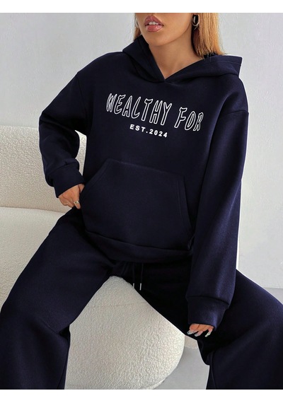 Macklin Unisex Kadın Erkek Healty For Baskılı Oversize 3 İplik Kapüşonlu Sweatshirt Ve Baggy Eşofman Altı Lacivert