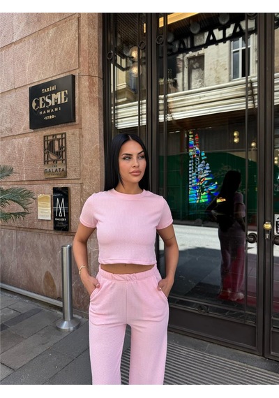 WeShaya Pembe Modal Keten Dokulu Bisiklet Yaka Takım Pembe