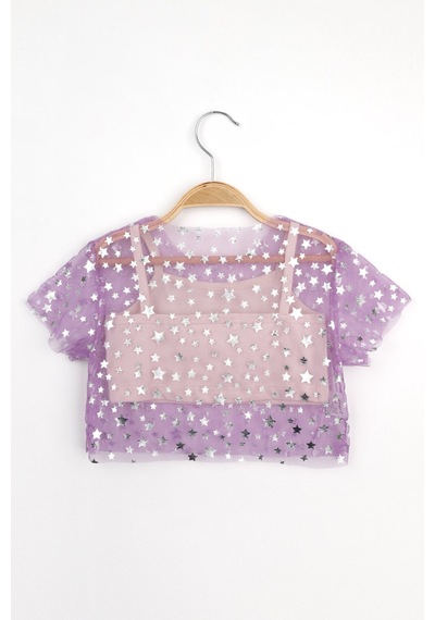Le Mabelle Lila Yıldız Baskılı Kısa Kollu Kız Çocuk Tül Crop Lila