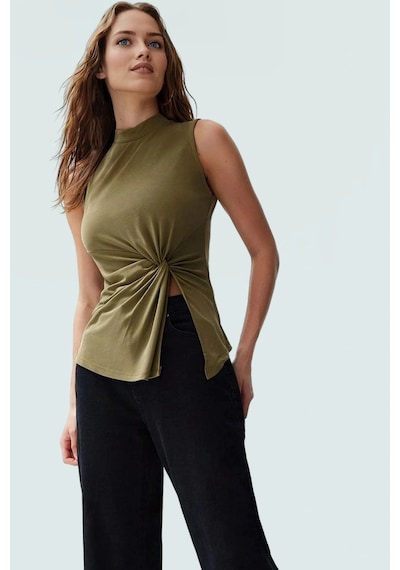 Ersefa Modal Polyester Örme Bluz Dik Yaka Büzgü Detaylı Yazlık Kaliteli Yeşil