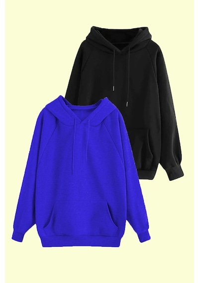 Blackjack Giyim Blackjackgiyim Unisex Gri Ve Siyah Slim Fit 2'li Kapüşonlu Sweatshirt Paketi Siyah-mavi