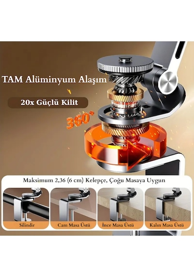 Alüminyum Akrobat Tablet & Telefon Tutucu Stand 360 Oynar Başlıklı Ayarlanabilir Uzun Kol