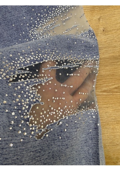 Büyük Beden Bol Kesim Paçası Desenli Taş Detayli Denim Kadın Pantolon Mavi