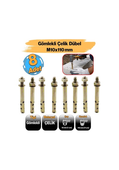 8 Adet Saplamalı Gömlek Çelik Dübel M10x110 Mm Raf Montaj Bağlantı Zemin Monte Tavan Asma Aparat