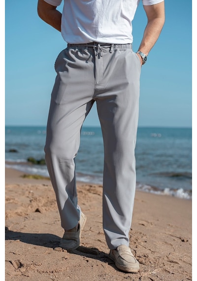 Madmext Boyalı Gri Beli Lastikli Relaxed Fit Jakarlı Erkek Pantolon E6593 Açık Gri
