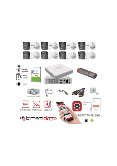 8 Kameralı Gece Gündüz Renkli, Ses Kayıtlı Güvenlik Kamerası Seti - Uzaktan Izleme - 1tb Hdd