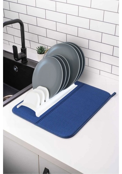Mikrofiber Bulaşık Kurutma Matı Ve 8 Bölmeli Tabaklık Bulaşıklık Set Plastik Beyaz Diğer
