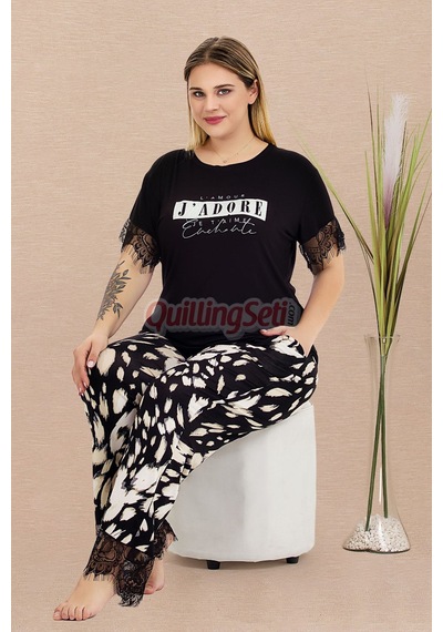 Lady Siyah Renk, Desenli Ve Dantel Detaylı 10980 Kısa Kollu Kadın Büyük Beden Anne Pijama Takımı Siyah - Beyaz