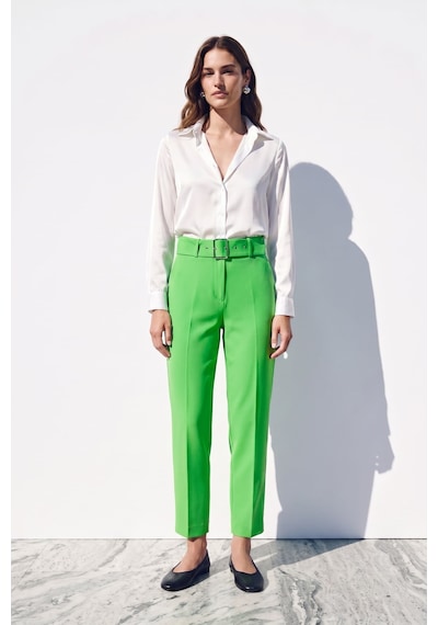 Sateen Yüksek Bel Kemerli Pantolon - Açık Yeşil-132384