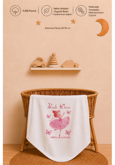 Kız Bebek Hediyesi İsme Özel 80x80 Cm Çift Kat Penye Bebek Battaniyesi %100 Pamuk Ham Bez Kıyafet Keseli 1025bkyx Ekru