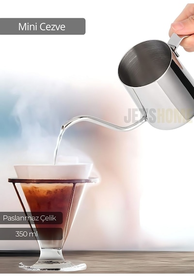 Mini Cezve Paslanmaz Kahve Demliği İndüksiyon Uyumlu Çelik Cezve 350 Ml Metalik Gri