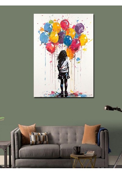 Kanvas Tablo Renkli Uçan Balonlar Ve Kız Çocuğu 100cmx140cm