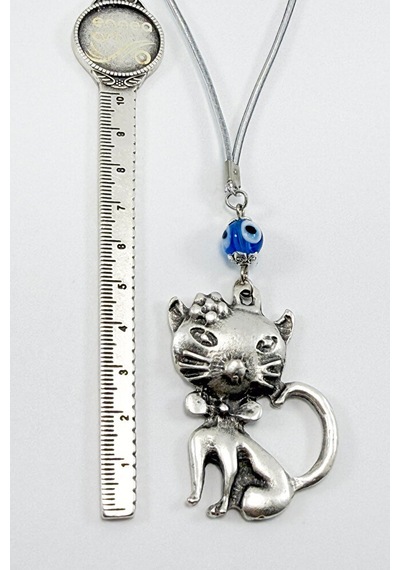 El Yapımı Lacivert Cam Nazar Boncuğu Metal Kedi Dikiz Ayna Süsü /