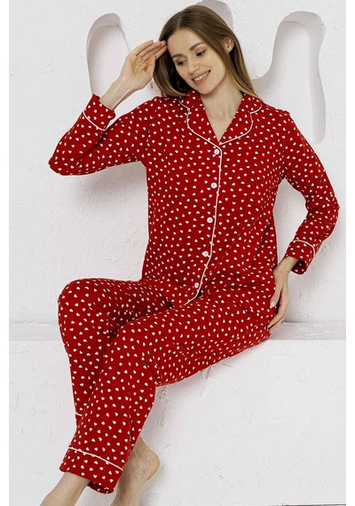 Alimer Kadın Kırmızı Kalpli Gömlek Yaka Pijama Takımı Edy2764uk-k Kırmızı