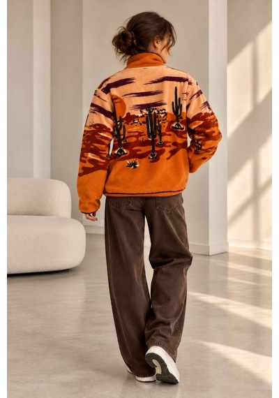 Bbbutikbasic Dik Yaka Yarım Fermuarlı Desenli Polar Sweatshirt My3535 Turuncu