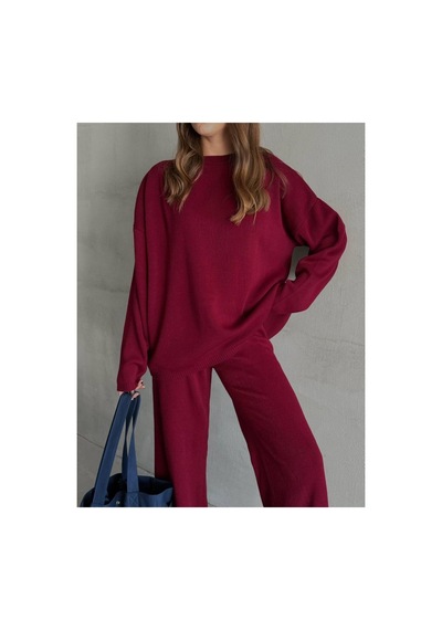 De Pose Oversize Kesim Sade Kadın Triko Takım Bordo
