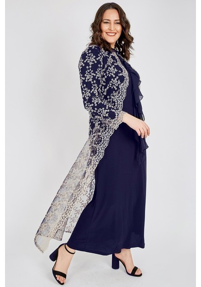Ladies First Büyük Beden 3408 Lacivert Dantelli Abiye Elbise 001
