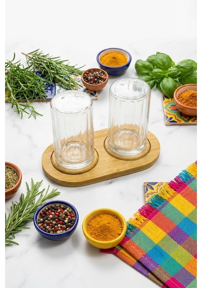 Makri Home Bambu Standlı Tuzluk & Baharatlık Seti 2 Li Şeffaf