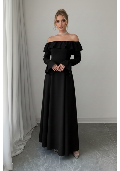 Defymoda Kadın Modern Kesim Fırfır Detaylı Elbise Siyah