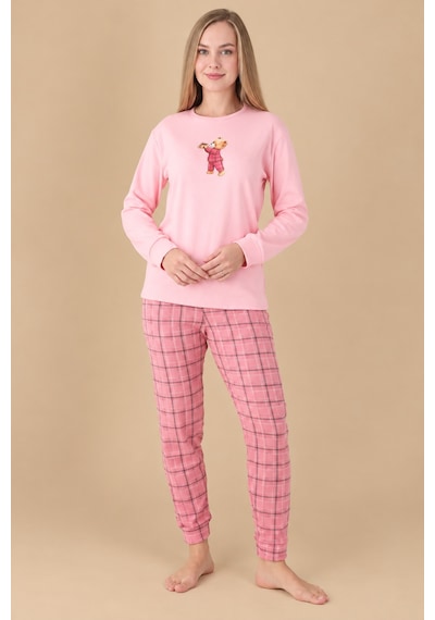 Wordex Fawn 6001 İnterlok Sevimli Ayıcık Desenli Kışlık Ev Kadın Pijama Takımı Pembe