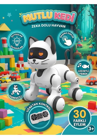 Akıllı Robot Kedi Zeka Dolu Eğitici Uzaktan Kumandalı Sesli Ve Hareketli Oyuncak Kedi Beyaz