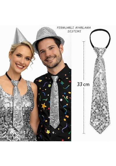 Gümüş Renk Pul Payetli Işıltılı Parti Kravatı 33 Cm Altın Ve Çok Renkli