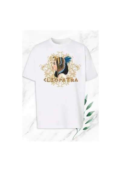 Tarzsokak Kadın Beyaz Antik Mısır Kraliçe Kleopatra Baskılı Oversize T-shirt