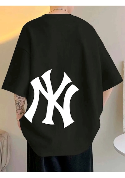Adrift Unisex Yankees Özel Baskılı Oversize Penye Bisiklet Yaka T-shirt Siyah