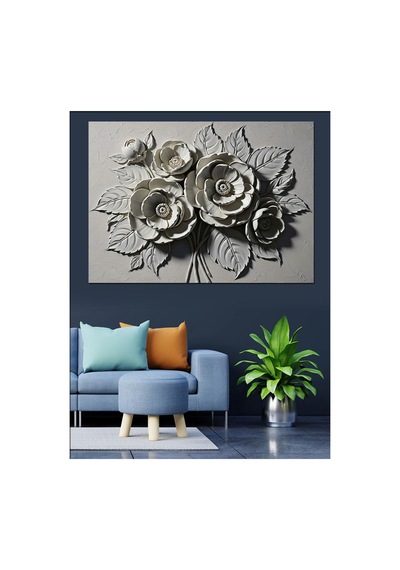 Kabartma Beyaz Güller Duvar Dekoru Yağlı Boya Dokulu Kanvas Tablo Canvas Tablosu