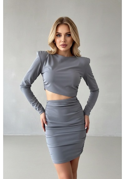 Defymoda Kadın Davet Şıklığı Vatkalı Elbise Gri