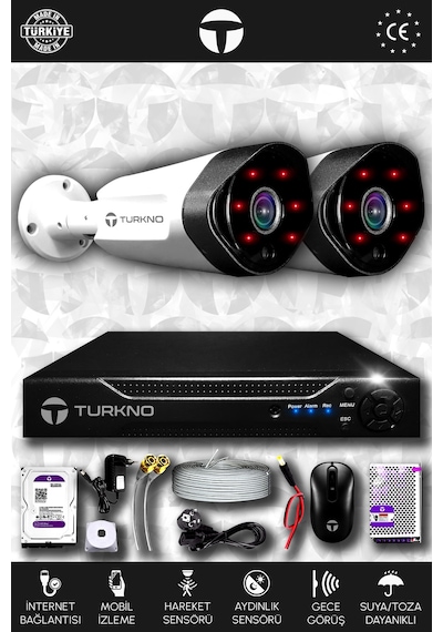 Turkno 2 Kameralı Galia 2 Dış Kamera Set 1 TB HDD Full HD Gece Görüşlü Güvenlik Kamerası Sistemi