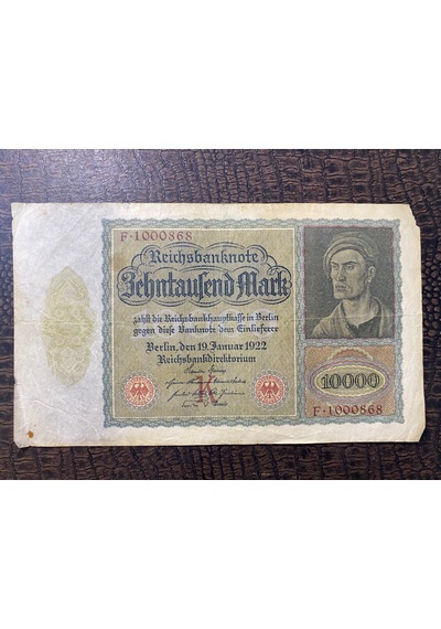 Almanya İmparatorluğu 10000 Mark Reichsbanknote Deutsches Reich 1922 Temiz - T Fine F
