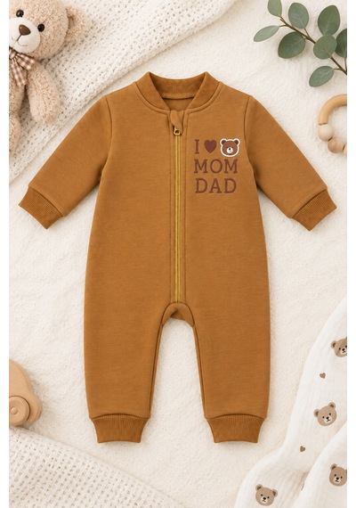 Beniizle Baskılı Unisex 3 İplik Şardonlu Fermuarlı Bebek Tulum Kahverengi
