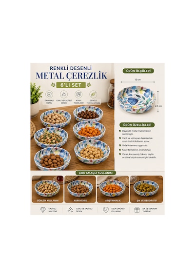 6 Lı Renkli Desenli Metal Çerezlik Seti Kuruyemiş, İkramlık Ve Atıştırmalık Sunum Kasesi Mavi
