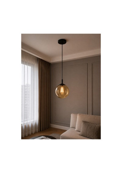 Elan Siyah Metal Tekli Bal Cam Küre Sarkıt Avize Ayarlanabilir Modern Metal Minimal Tavan Aydınlatma