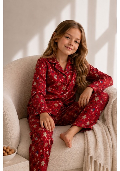 Beka Kids Yılbaşı Desenli Uzun Kollu Önden Düğmeli Gömlek Yaka Kız Çocuk Pijama Takımı Kırmızı Beka Kids Yılbaşı Desenli Uzun Kollu Önden Düğmeli Gömlek Yaka Kız Çocuk Pijama Takımı Kırmızı
