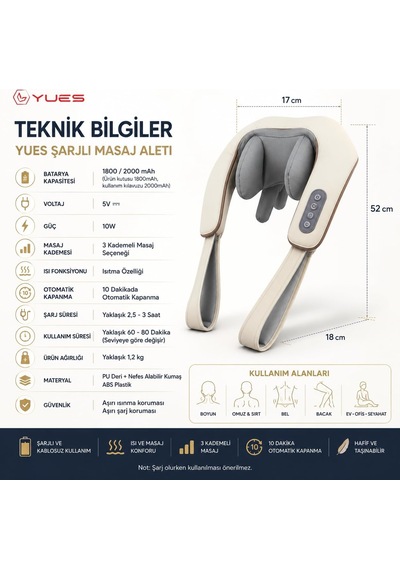 Yues Şarjlı Boyun Omuz Masaj Aleti, Isıtmalı Kablosuz 4d Masaj Cihazı, 3 Kademe Masaj Seçeneği, 1800 Mah Batarya, Sırt Bel Bacak Kullanımına Uygun