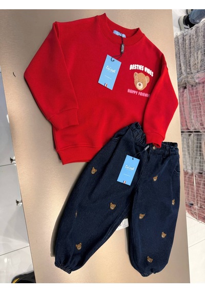 Eray Alp Kids Kız Çocuk Sweatshirt Jean Pantolon Takım Günlük Rahat Kombin Kırmızı