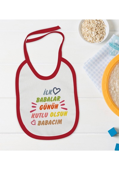 BK Kids İlk Babalar Günü Tasarımlı Kırmızı Bebek Mama Önlüğü-1 Kırmızı