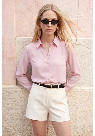 Sateen Düz Klasik Gömlek - Pembe-137785